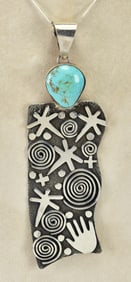 Alex Sanchez Sterling Silver Amazing Petroglyph Large Pendant w/Turquoise