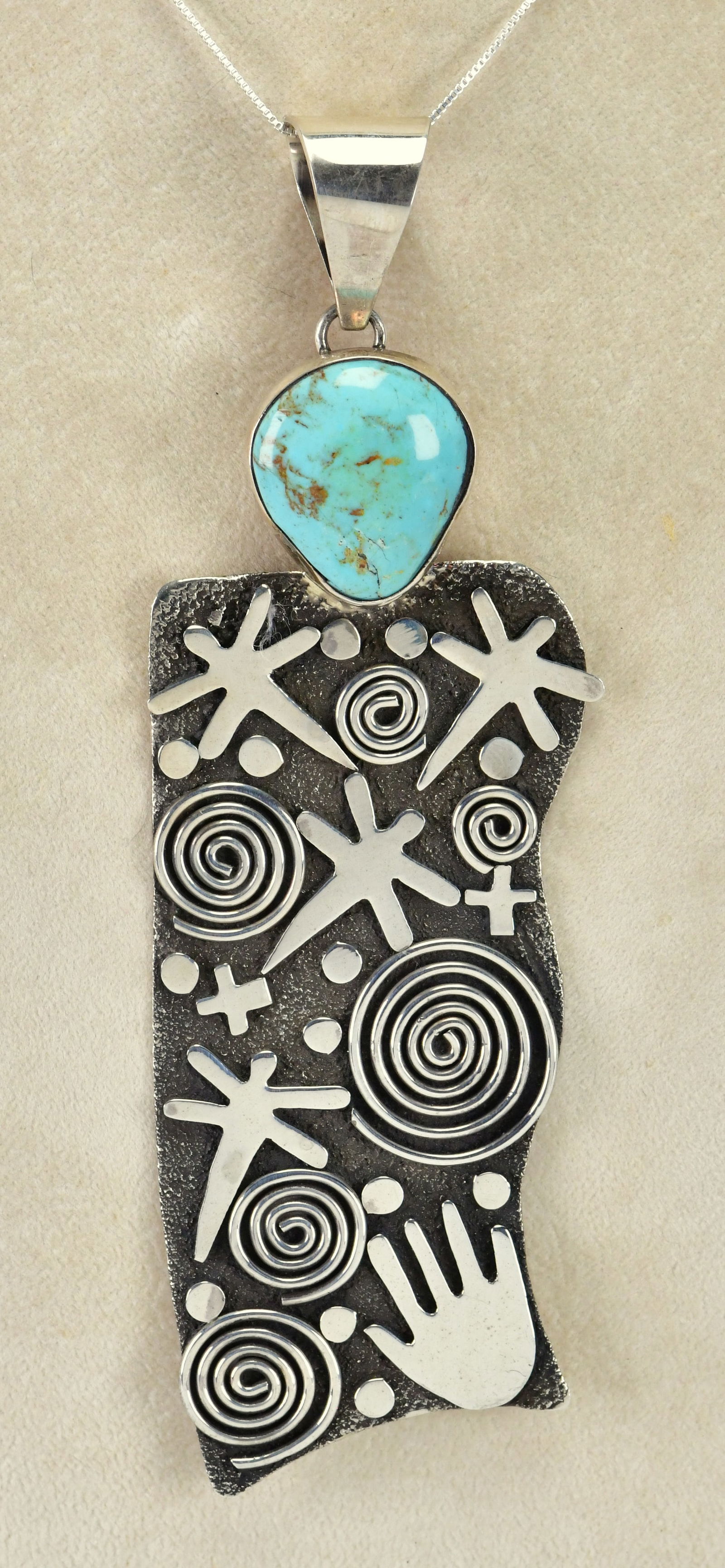 Alex Sanchez Sterling Silver Amazing Petroglyph Large Pendant w/Turquoise (1 of 2)