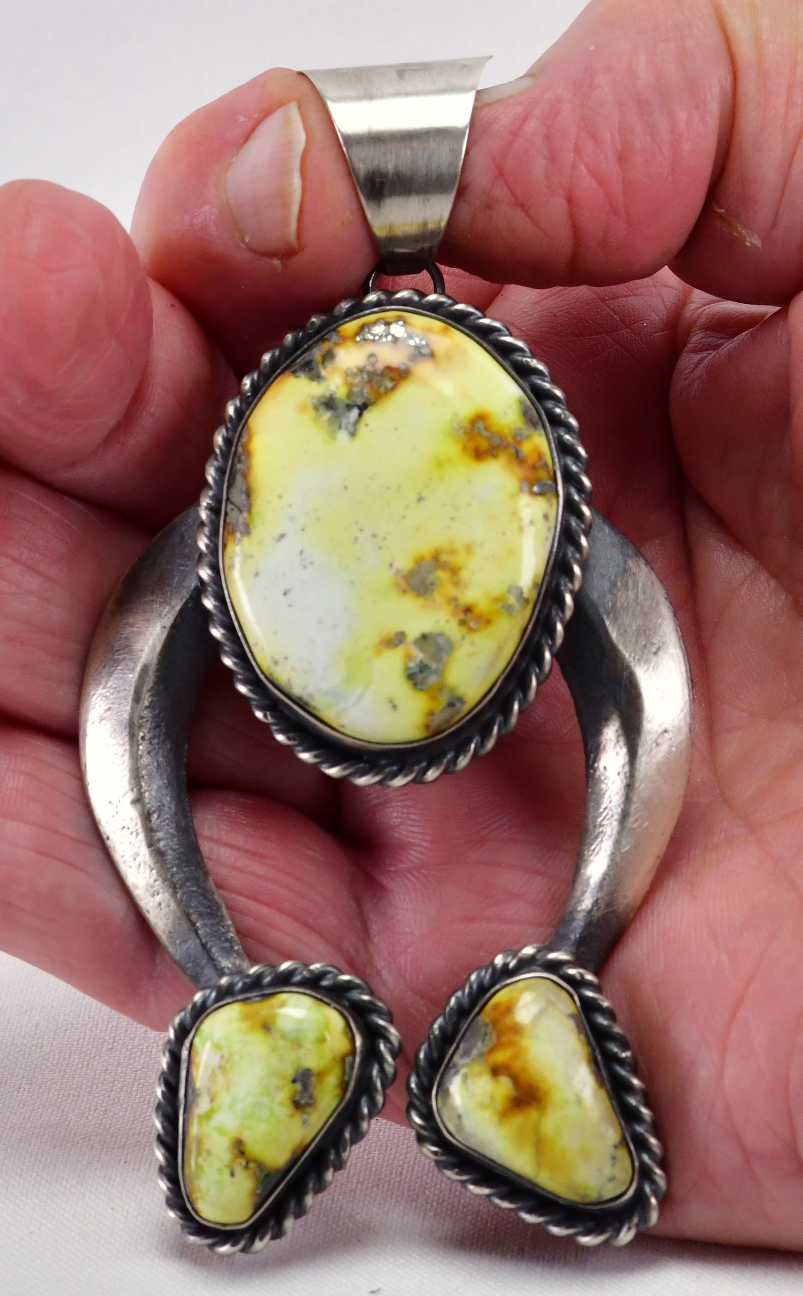 Native American Heavy Sterling Palomino Turquoise Sand Cast Pendant-88 Grams: Pendant Only - Sterling Silver| Native American Heavy Sterling Silver Palomino Turquoise Sand Cast Pendant| Genuine Palomino Turquoise| Measures 4.25" Long x 2.25" Wide| Signed "Chimney Butte"| Weighs