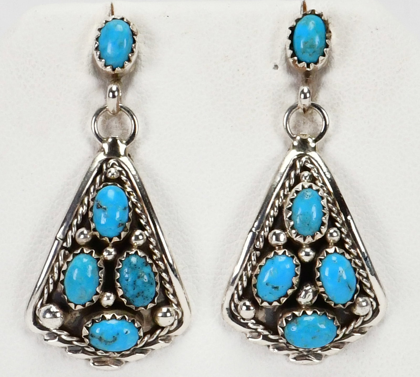 Melvin Chee Sterling Silver Kingman Turquoise Nugget Earrings: Sterling Silver| Melvin Chee Sterling Silver Kingman Turquoise Nugget Drop Earrings| Genuine Kingman Turquoise| Measure 1 5/8" Long x 7/8" Wide| Signed| Weighs 7.6 Grams| Native American, Navajo, Sout
