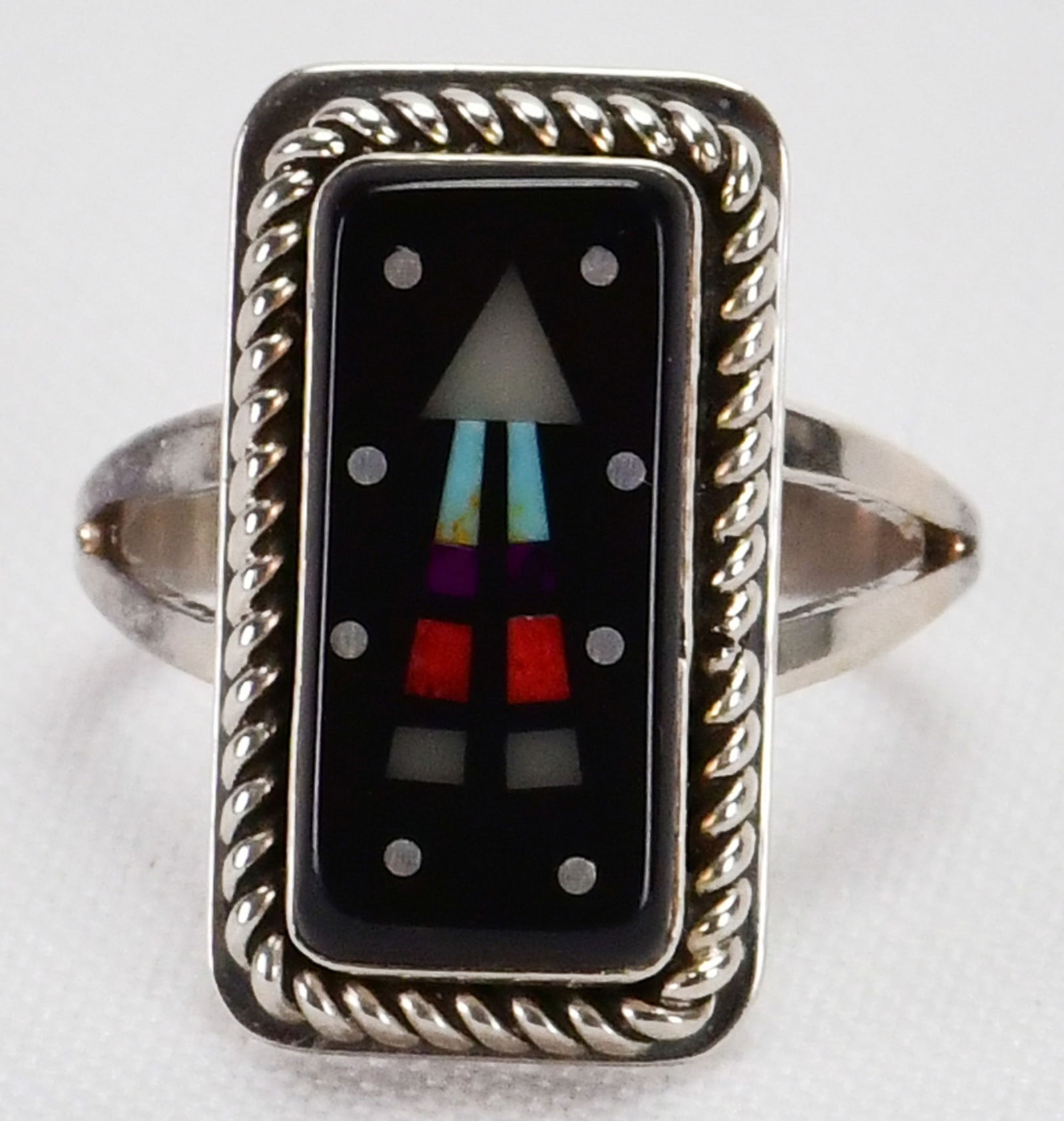 Apache Sterling Silver Micro Inlay Multi-Stone Ring - Size 8: Sterling Silver| Native American Sterling Silver Micro Inlay Multi-Stone Ring| A Smaller delicate ring done by an Apache artist| Genuine Turquoise, Coral, Mother of Pearl and Jet| Measures 1"Long x 1/