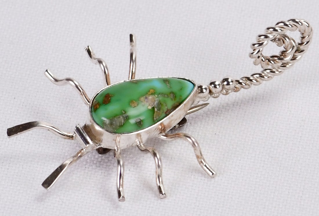 Native American Sterling Silver Sonoran Turquoise Scorpion Pin: Sterling Silver| Native American Sterling Silver Sonoran Turquoise Scorpion Pin| Genuine Sonoran Turquoise| Measures 1 7/8| Long x 7/8" Wide| Has Small Pin Clasp on back| Unsigned| Weighs 4.3 Grams| N