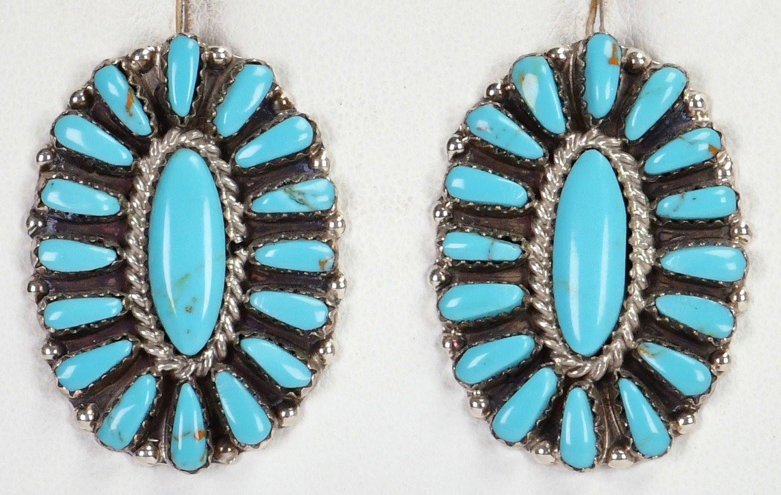 Native American Sterling Silver Block Turquoise Cluster Earrings: Sterling Silver| Native American Sterling Silver Block Turquoise Cluster Earrings| Block Turquoise| Measures 1.25" Long x 1" Wide| Hallmarked "B"| Weigh 11.1 Grams| Native American, Navajo, Southweste