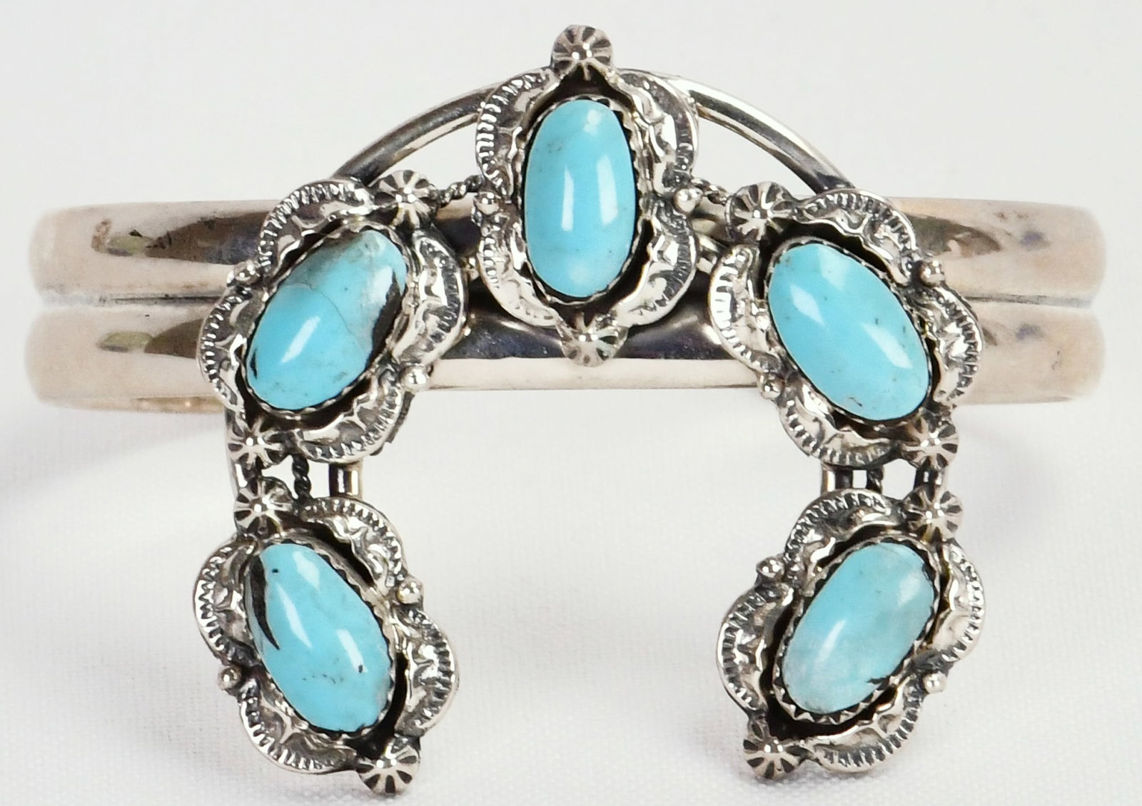 Native American Sterling Silver Lone Mountain Turquoise Naja Cuff-Heavy Gauge: Sterling Silver| Native American Sterling Silver Lone Mountain Turquoise Naja Cuff Bracelet -Heavy Gauge| Genuine Lone Mountain Turquoise| Inside Measures 5.75" with a gap of 1" - Total 6.75"| Face Wi