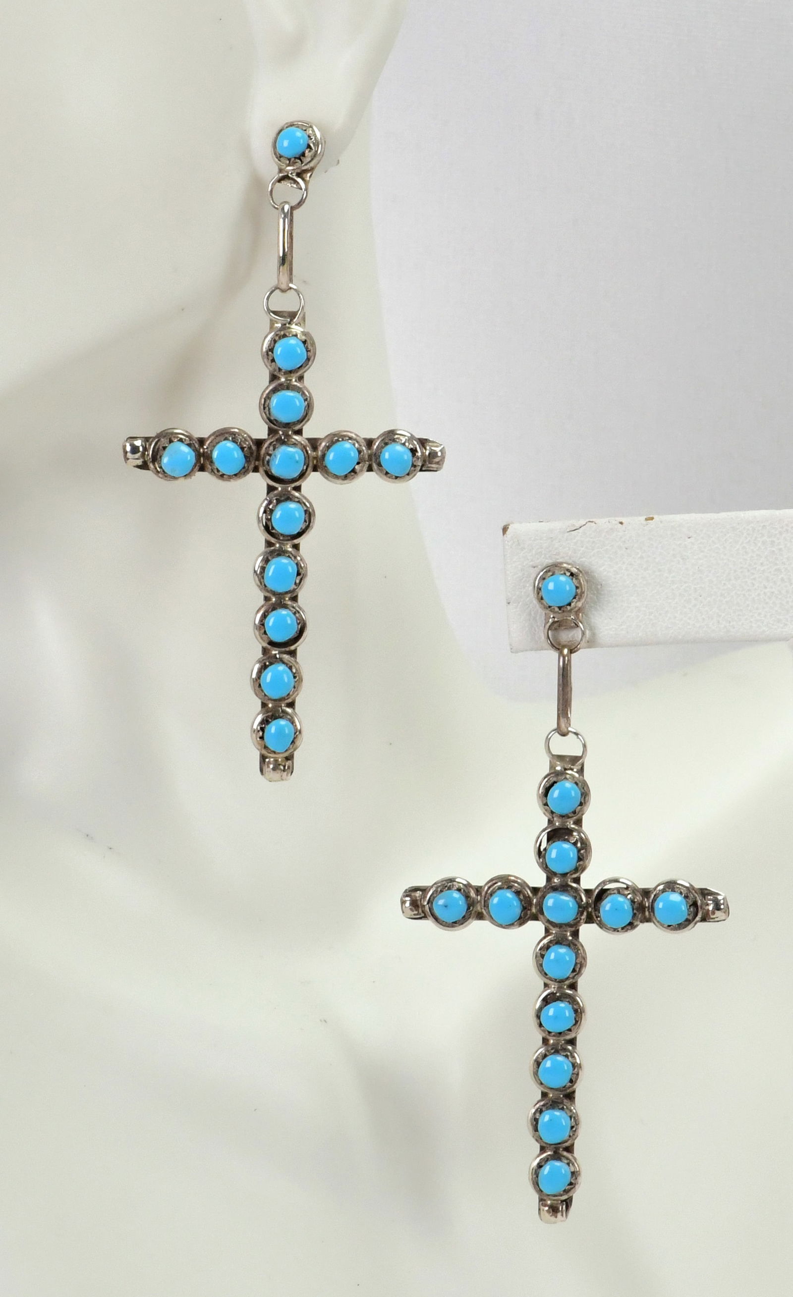 Navajo Sterling Silver Sleeping Beauty Turquoise Cross Dangle Earrings: Sterling Silver| Navajo Sterling Silver Sleeping Beauty Turquoise Cross Dangle Earrings| Genuine Sleeping Beauty Turquoise| Measures 3"Long x 1.5" Wide| Hallmarked "DK"| Weigh 10.2 Grams| Native Ameri