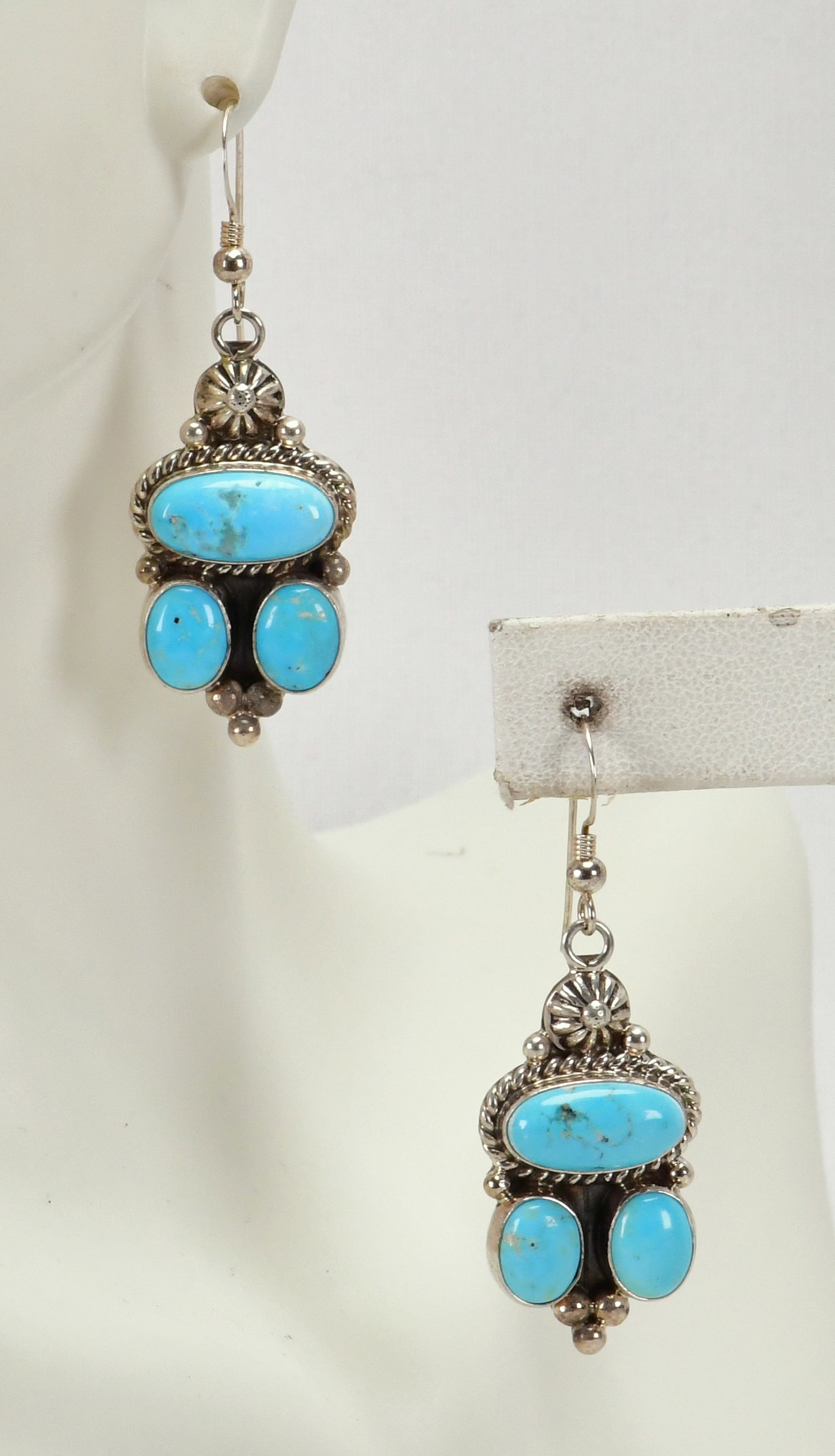 Navajo, E. M. Linkin Sterling Silver Campitos Turquoise Dangle Earrings: Sterling Silver| Navajo, E. M. Linkin Sterling Silver Campitos Turquoise Dangle Earrings| Genuine Campitos Turquoise| Measures 2" Long x 1/2" Wide| Signed| Weigh 9.2 Grams| Native American, Navajo, So