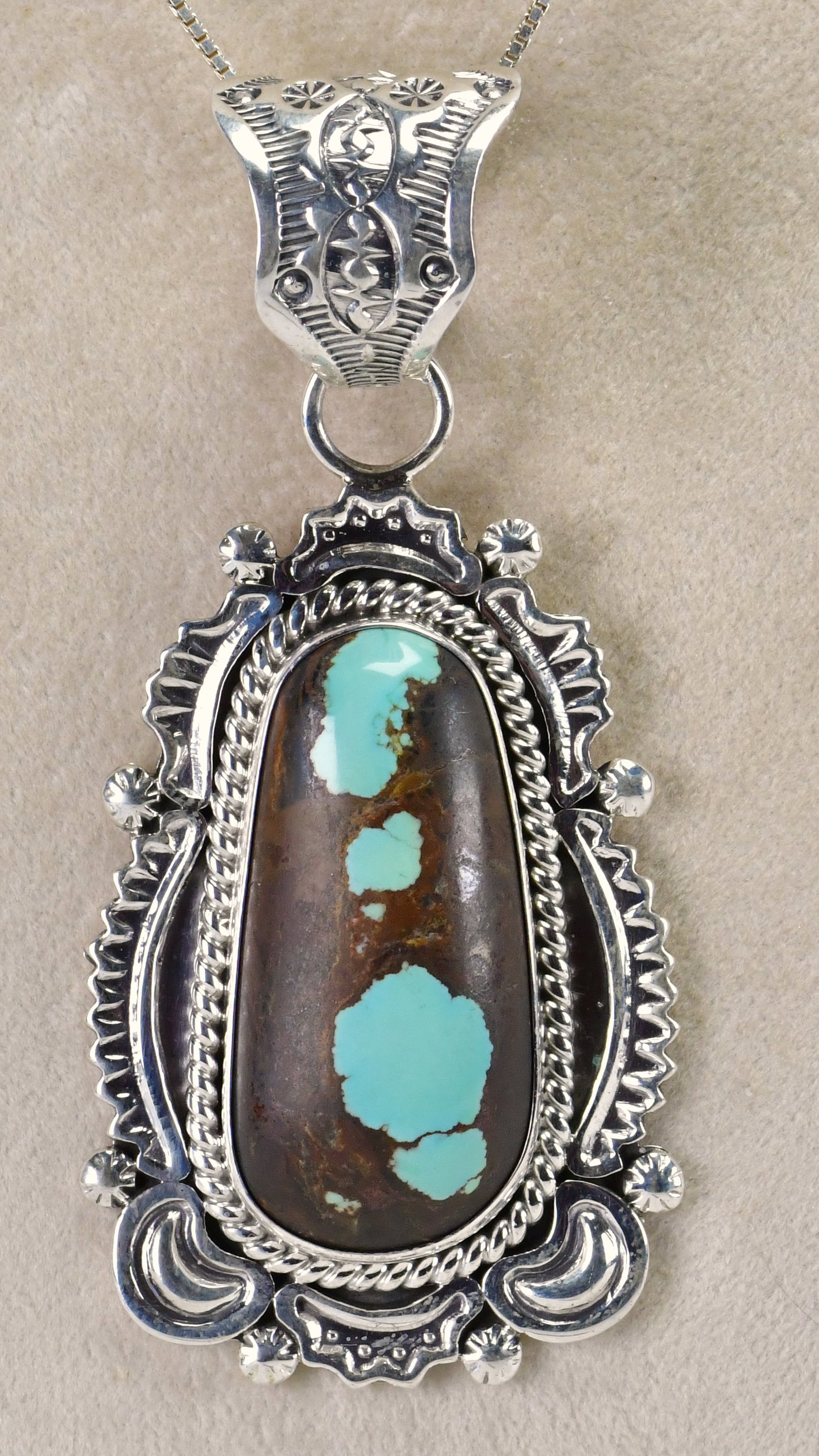 Harold Joe Sterling Silver Number 8 Turquoise Pendant: Pendant Only - Harold Joe, Sterling Silver Number 8 Turquoise Pendant| Genuine Number 8 Turquoise| Measures 3" Long x 1.5" Wide| Signed| Weighs 24 Grams| Native American, Navajo, Southwestern Indian J