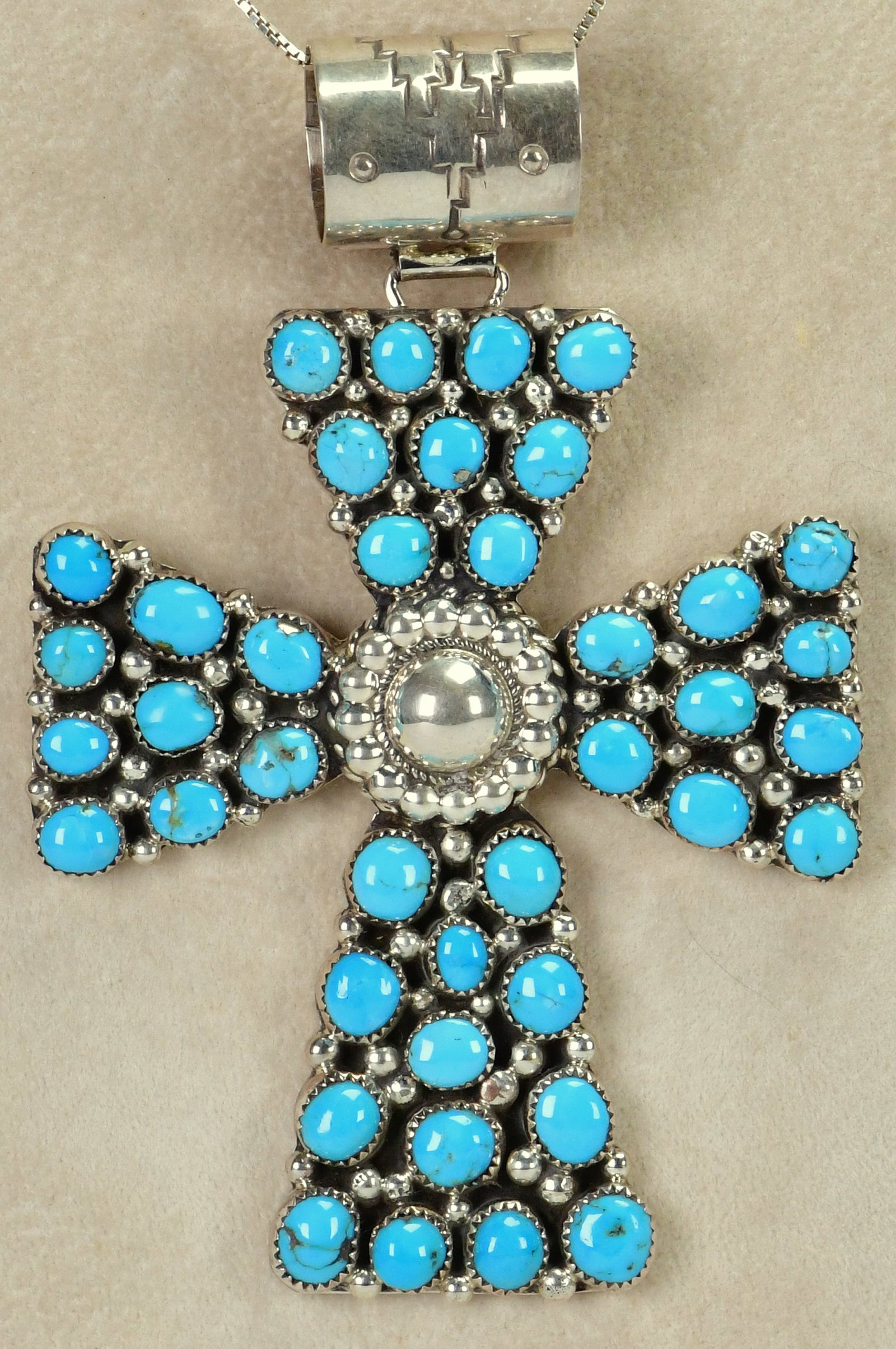 Native American Sterling Sleeping Beauty Turquoise Large Cross Pendant: Pendant Only - Sterling Silver| Native American Sterling Silver Sleeping Beauty Turquoise Large Pendant| Genuine Sleeping Beauty Turquoise| Measures 3.75" Long x 2.5" Wide| Has Polished Matching Sleep