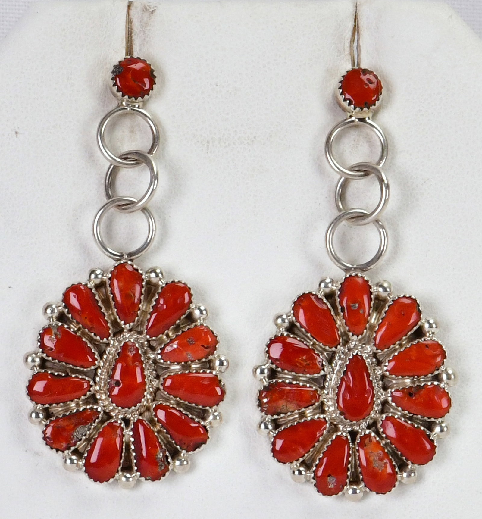 Seraphina Wilson - Justin Wilson Mediterranean Coral Earrings: Sterling Silver| Sterling Silver, Mediterranean Coral Drop Earrings| Genuine Mediterranean Coral| Measures 2.5" Long x 1 1/8" Wide| Hallmarked "SW| Weighs 19.8 Grams| Native American, Navajo, Southwes