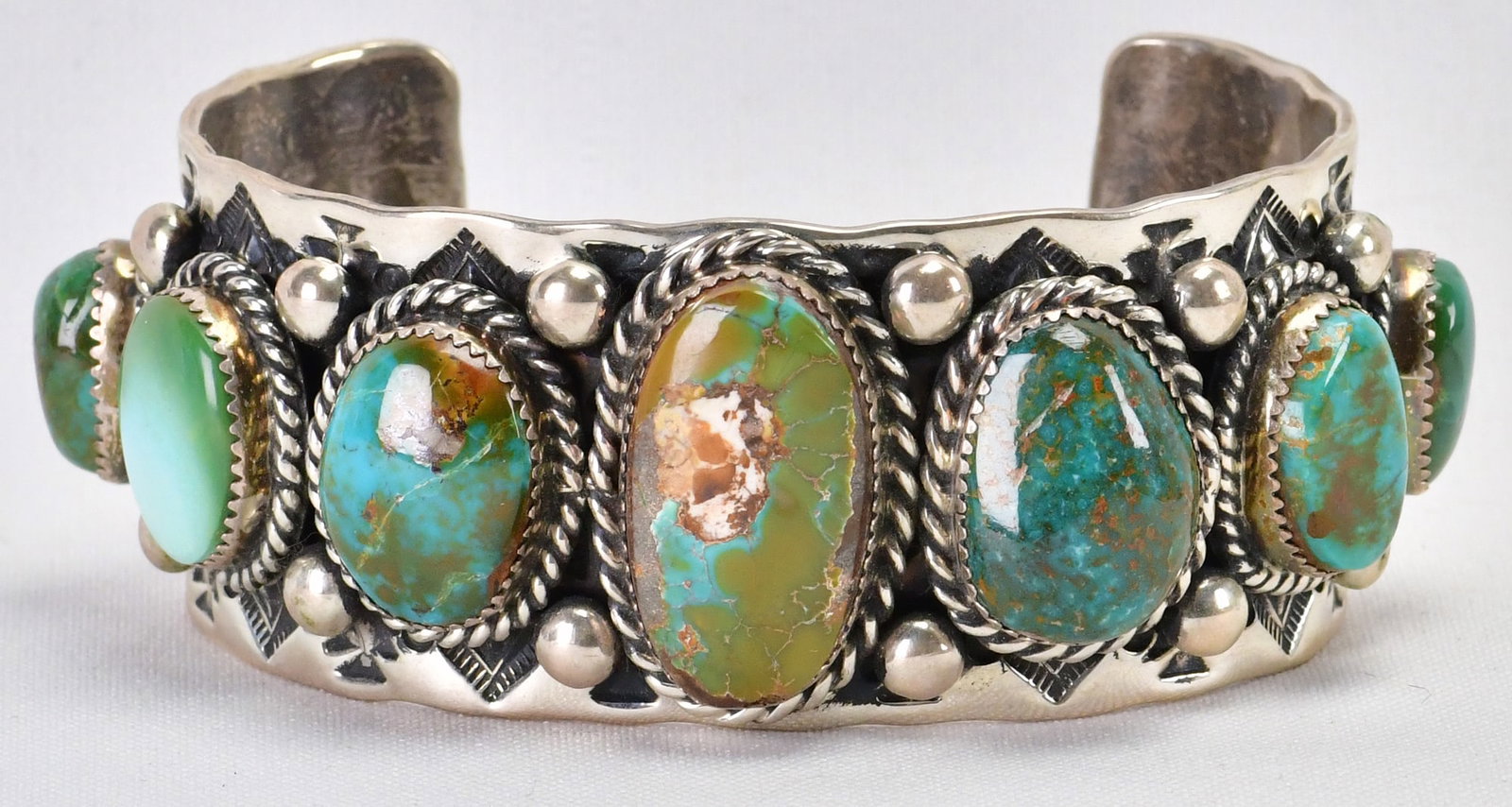 Elroy Chavez, Sterling Silver Heavy Gauge Royston Turquoise Cuff: Sterling Silver| Elroy Chavez Sterling Heavy Gauge Royston Turquoise Cuff Bracelet| Genuine Royston Turquoise| Inside measures 6" plus a gap of 1.5"- Total 7.5"| For a Bigger Wrist| Face Width 1.25" W