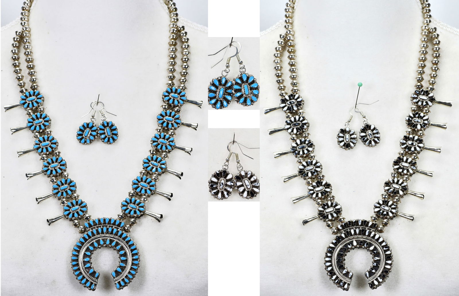 Hopi, Eldon James Sterling Silver Reversible Squash Blossom Necklace Set: Sterling Silver| Hopi, Eldon James Sterling Silver Reversible Squash Blossom Necklace Set| Genuine Turquoise, Genuine White Buffalo Turquoise| Measures 25+ inches long {Without the Naja Drop}| Has 6 B