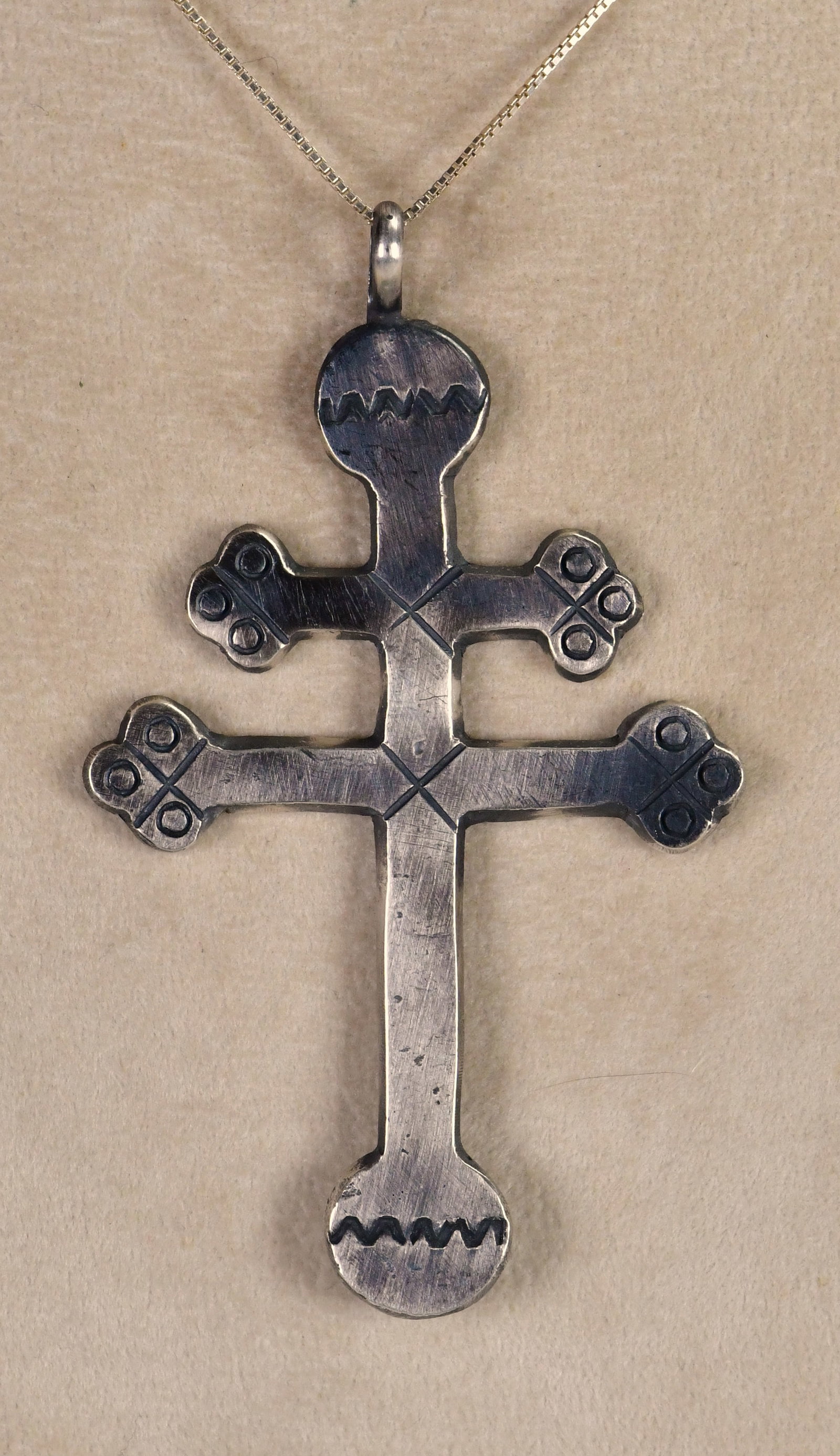 Native American Sand Cast Sterling Silver Double Cross Pendant by Ray Betsoi: Pendant Only - Native American Sand Cast Sterling Silver Double Cross Pendant by Ray Betsoi| All Sterling Silver| This piece is done in a Sand Cast Style and represents the Hummingbird| Measures 3" Lo
