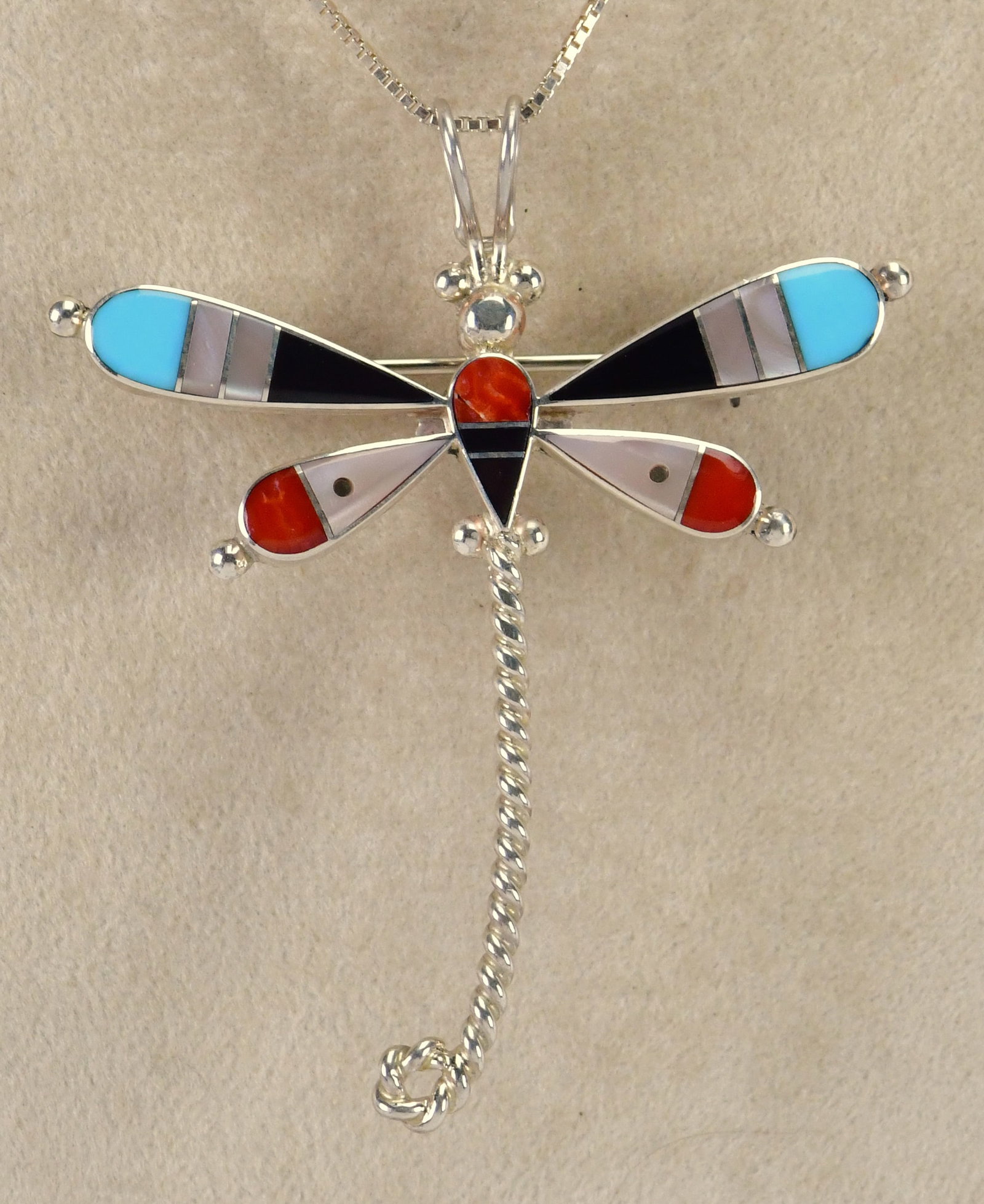 Zuni, Lyndon Ahiyite, Sterling Silver Multi- Stone Inlay Pin/Pendant: Pin/Pendant Only - Sterling Silver| Zuni, Lyndon Ahiyite Sterling Silver Multi-Stone Inlay Pin/Pendant| Genuine Mother of Pearl, Onyx, Coral and Jet| Measures 2.25" Long x 1.75" Wide| Has Bale and Pin