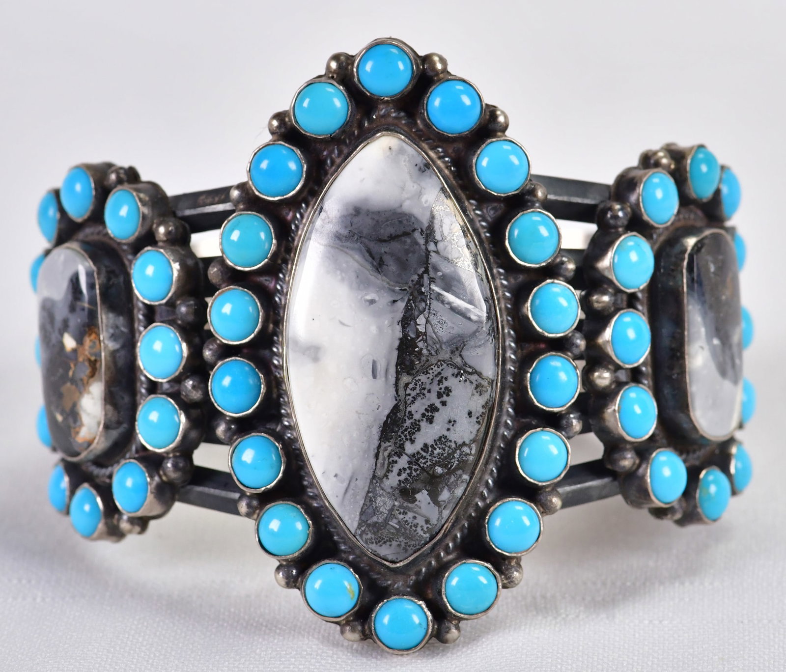 Anthony Skeets, Sterling Silver Obsidian Crystal and Sleeping Beauty Turquoise Cuff: Sterling Silver| Anthony Skeets Sterling Silver Obsidian Crystal and Sleeping Beauty Turquoise Large Cuff Bracelet| Genuine Obsidian Crystal and Genuine Sleeping Beauty Turquoise| Inside measures 5.5"