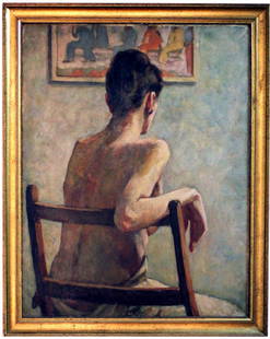 S. Muller: Nude Sitting, c.1930s. Oil on Canvas, Signed: S. Muller: Nude Sitting, c.1930s. Oil on Canvas 32 x 26 in (820x660mm), Frame 36x30 in (91.5x81cm). Signed in the middle bottom S. Muller. Undated. Domestic Insured, USPS Priority rate of $40