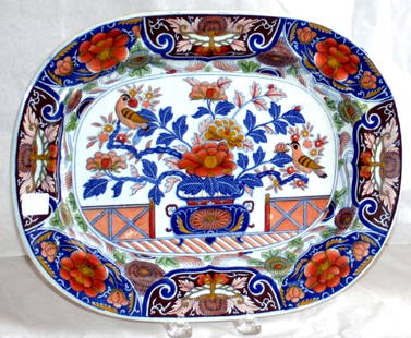 Imari Ironstone Platter, c.18 century, Hicks & Meigh UK: Stunning Imari Ironstone Oval Platter Hand painted with Fence, Vase, Doves & Potted Tree Pattern, Multicolored - Cobalt & Indigo Blue, Iron & Indian Red, Green, 12.5 x 9.5. Between 1740-1825, Attribut