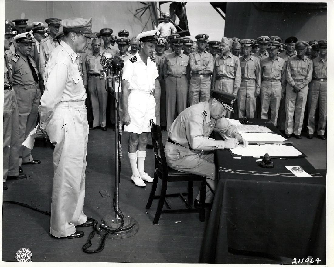 Adm. Helfrich Signs Surrender of Japan, 1945 Tokyo Bay (1 of 3)
