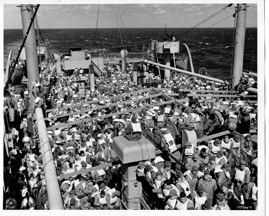 Luxury Ship Altered to Troop Carrier at Sea, 1944 (1 of 3)