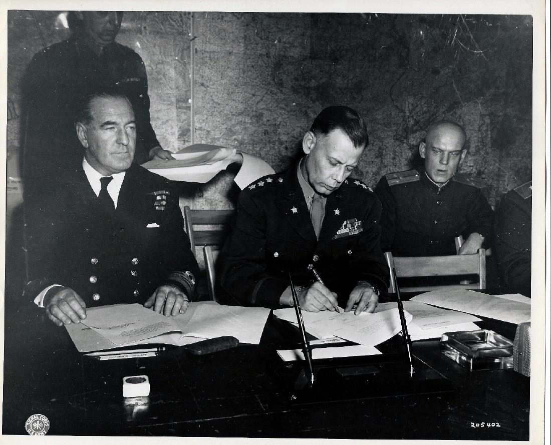 Adm Burroughs & Gen Smith sign Nazi surrender. 5.6.45: Original Authentic 1945 W.W.II.. U.S. Signal Corps Photo 205402 of Nazi Surrender.Seated at table in war room of Supreme Allied Headquarters, Reims, France, Adm. Sir Harrold M. Burrough, Allied Naval