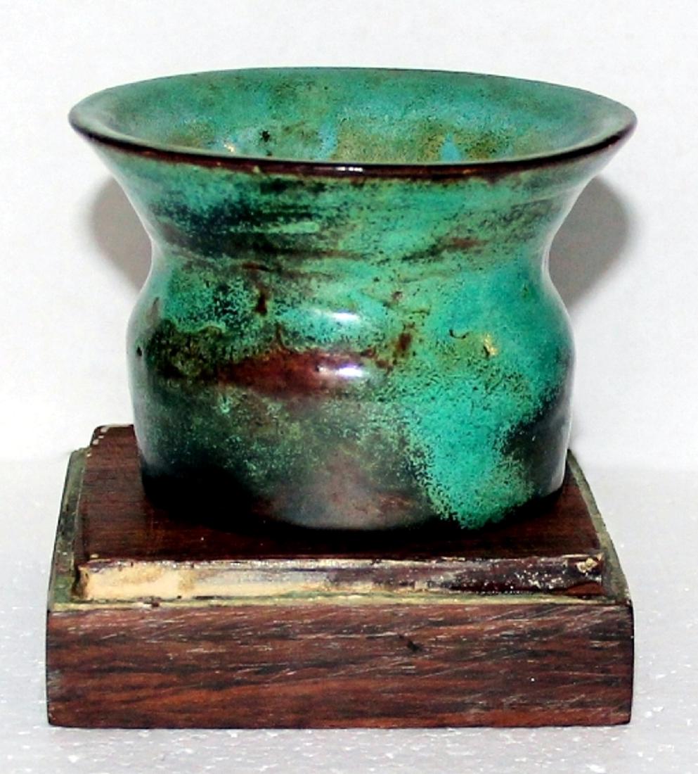 Japanese Turquoise Clay Raku Cup on Wood Stand (1 of 7)