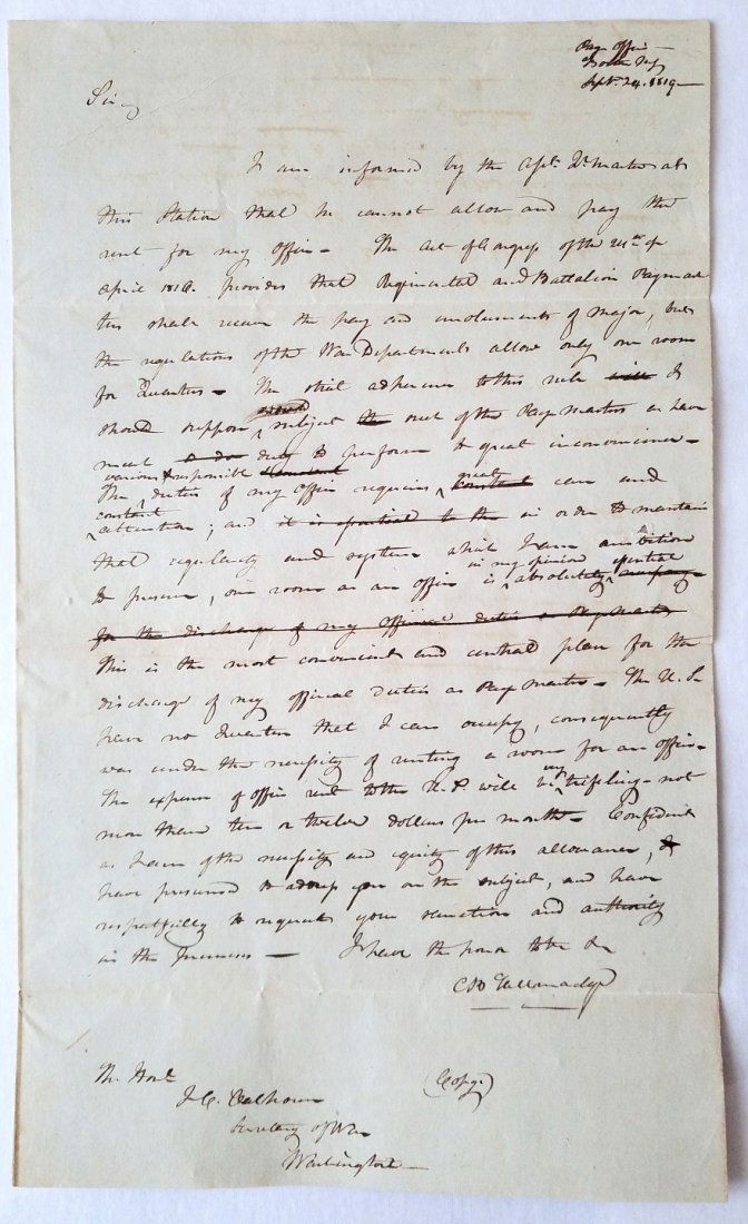 Charles Tallmadge to Secretary of War John Calhoun 1819 (1 of 6)