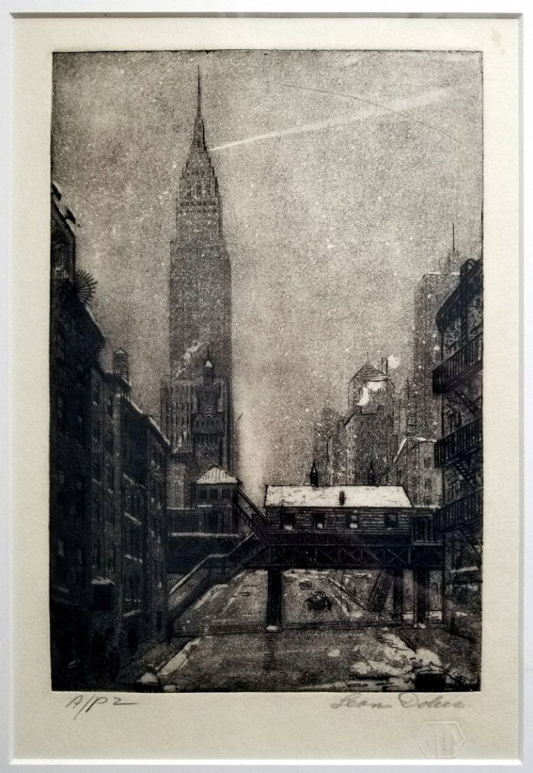 Leon L. Dolice: E.34th Street New York 1951 A/P Etching: Artist: Leon Louis Dolice (American, 1892-1960): East 34th Street with Empire State Building. Copperplate Etching, Author's Proof. 1951. Signed by the artist in pencil and his blind stamp in the