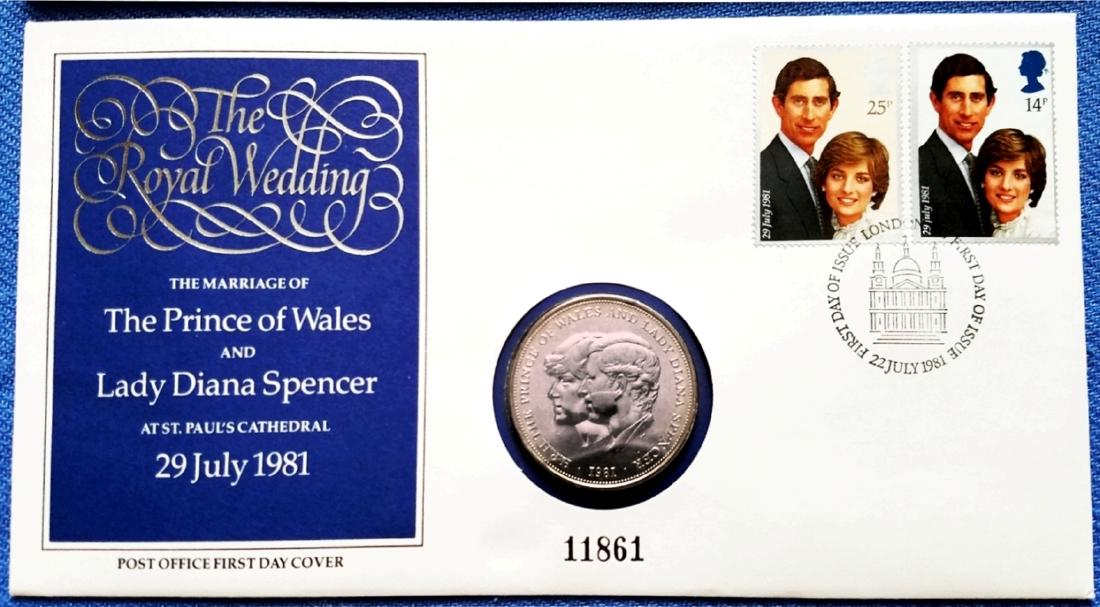 Lady Diana & Prince Charles Royal Wedding Crown, 1981: First Day Cover Royal wedding of Lady Diana Spencer and Prince Charles on July 29th, 1981. Silver (?) Crown number 11861, sealed in plastic uncirculated condition. Face showing the wedding couple toge