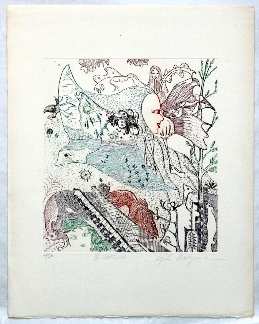 Shizuko Hatakeyama: The Waterside. Etching Intaglio: Shizuko Hatakeyama. The Waterside. c.1980s. Original Etching Intaglio. Sheet 19 x 15 inches. Image 11.5 x 10.5. NO BUYERS PREMIUM! NOTE: This lot has a confidential reserve. When bidding prior to