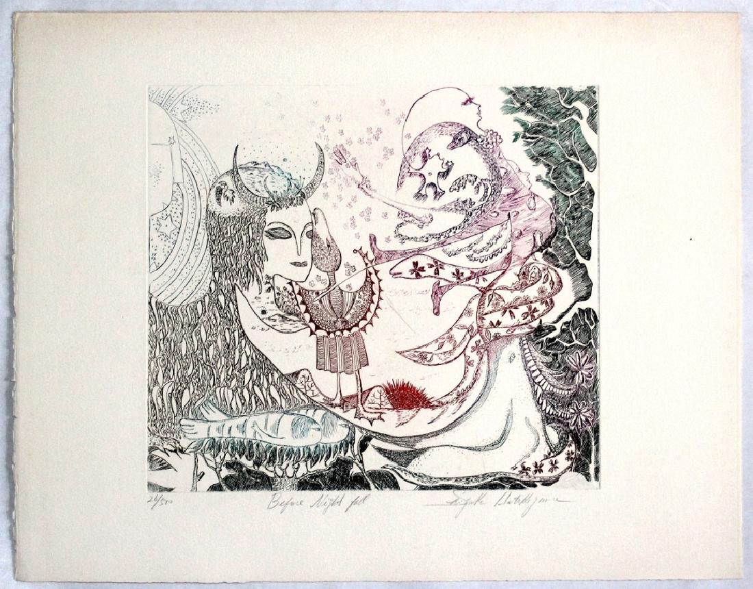Shizuko Hatakeyama: Before Night Fall. Etching Intaglio: Shizuko Hatakeyama. Before Night Fall. c.1980s. Original Etching Intaglio. Sheet 19 x 15 inches. Image 11.5 x 10.5. NO BUYERS PREMIUM! NOTE: This lot has a confidential reserve. When bidding prio