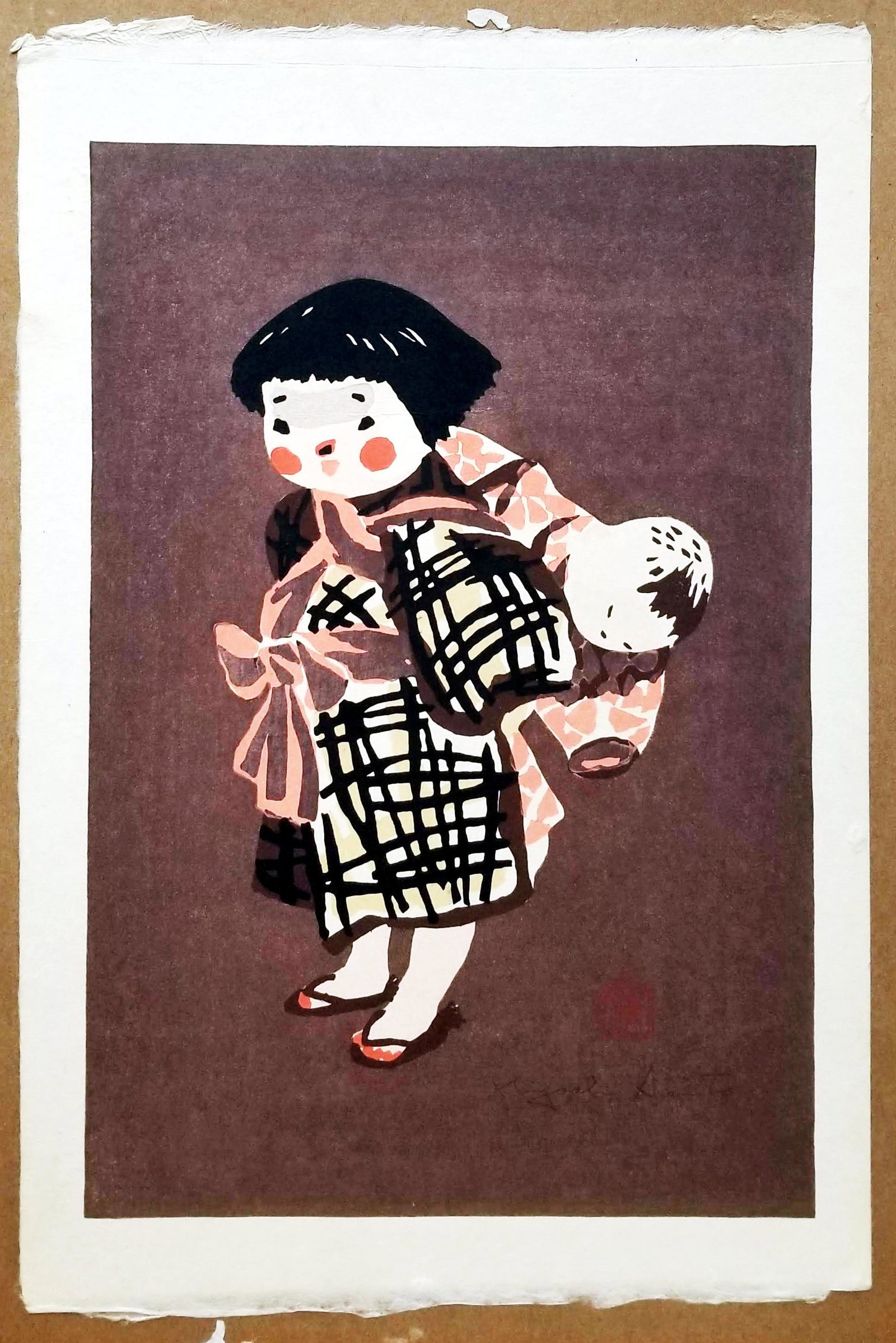 Kiyoshi Saito: Children of Aizu 1950s Sosaku Hanga: Babysitter (Children of Aizu), 1950s. Sosaku Hanga Oban Sheet 16” x 11” Signed in pencil by the artist: Kiyoshi Saito to LL beneath the seal. Sealed with artist’s seal Saito. Paper W
