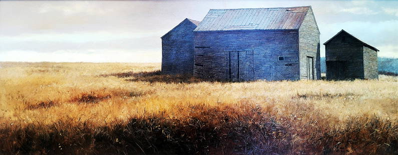 Hale Johnson: Gray Barns, 1975 Oil on Panel: Signed at LL: A. Hale Johnson. Oil on panel, 12 x 29 inches. Frame 38 x 21 inches. Hale Johnson (American, b.1937)