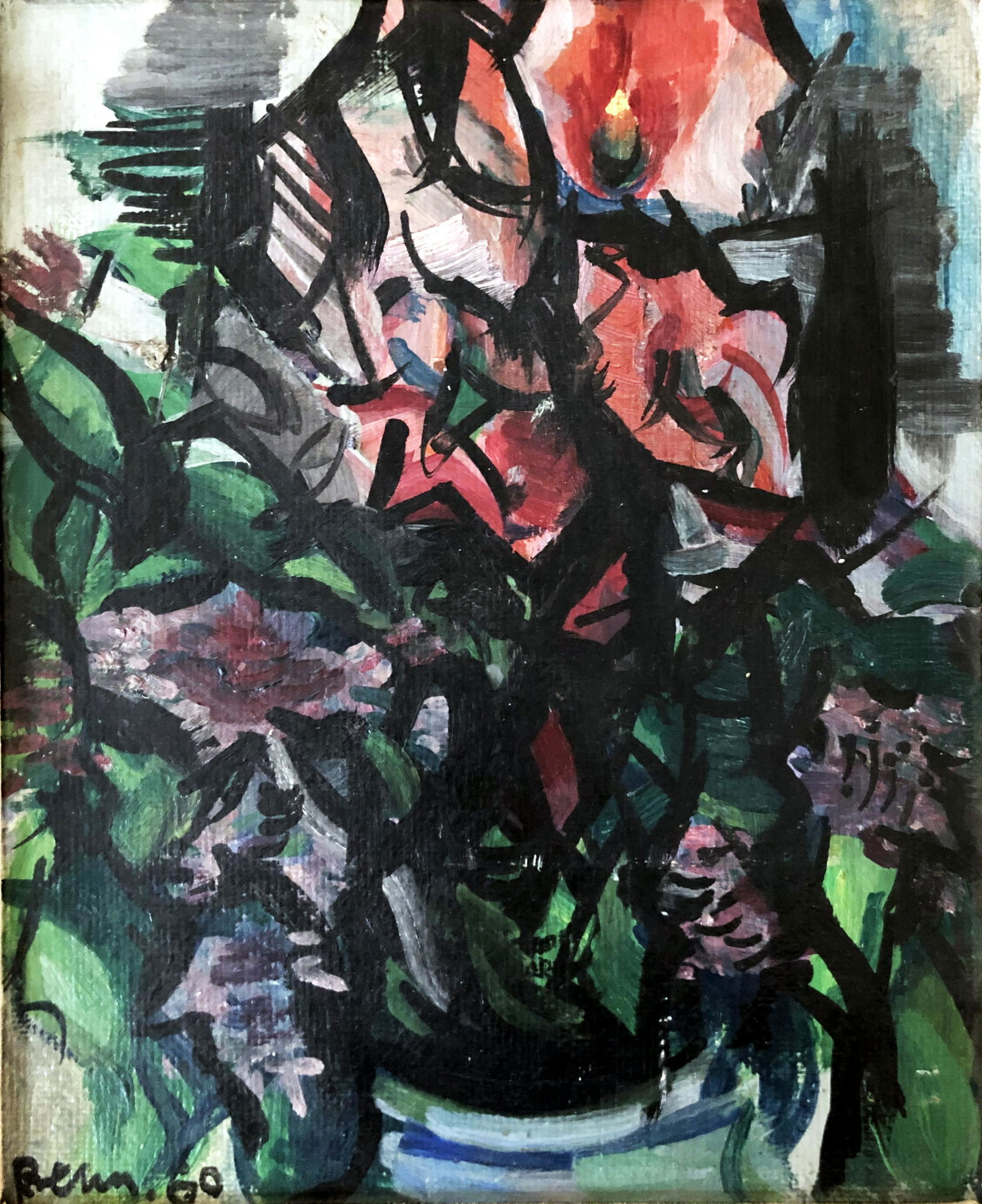 Ben Benn: Gladiolas 1960 Oil in Canvas, B.M.: Ben Benn: Gladiolas, 1960 Oil on canvas panel mounted. Signed on the lower left. Verso: labels of Rabin-Krueger Gallery, Raydon Gallery, Heritage Auctions. Painting: 12.25” x 10.25" Frame: 22.5&