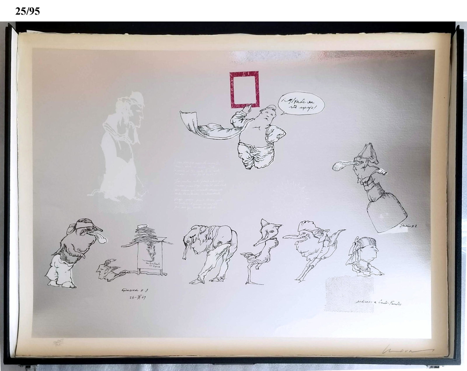 Jose Luis Cuevas: Mirate en Este Espejo, Cuevas: Mirate en este espejo (Look at Yourself in this Mirror) #3 pl.12 from Cuevas Comedies, Homage to Quevedo Portfolio Color Lithograph On Silvered Acetate Adhered To Paper Edition 28/95, 1969 Pencil sign