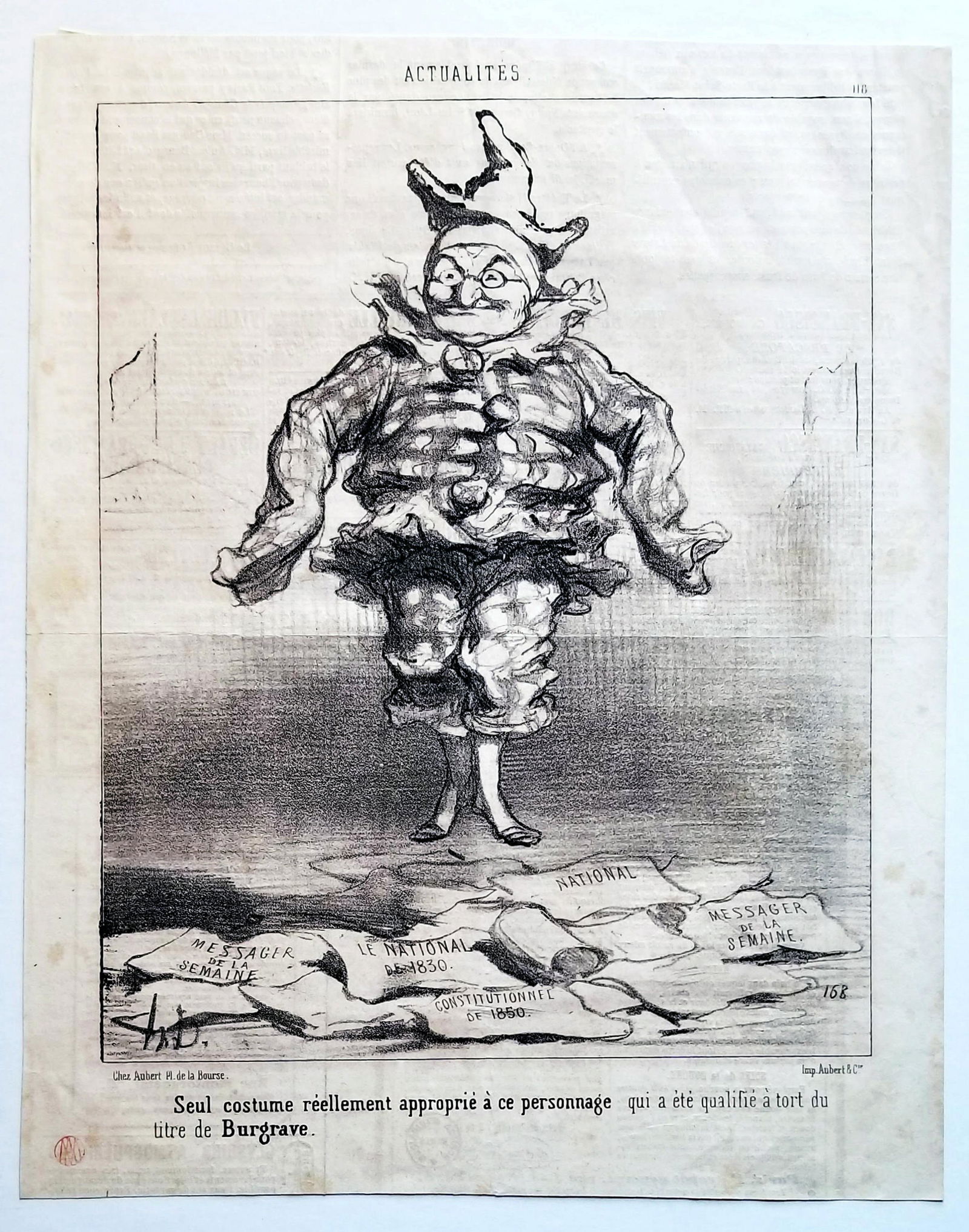 Honore Daumier: Adolphe Thiers 1850 Engraving: Caricature on Adolf Thiers by Honore Daumier, published in the Journal Le Charivari, 1850. 'This is the only really appropriate costume for this person who inappropriately received the title of Burgra