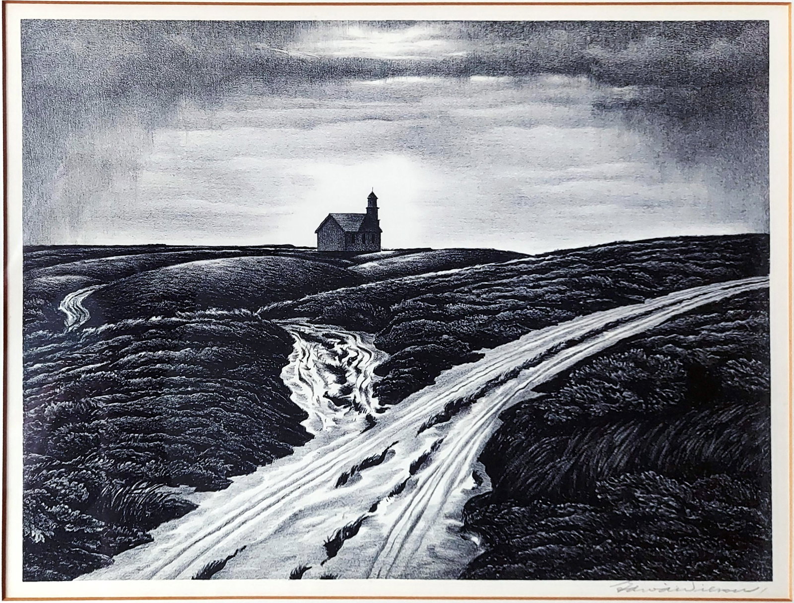 Edward Wilson, WPA: Hog Back Meeting House 1949 Lithograph: Lithograph: Hog Back Meeting House, Truro, Massachusetts (Cape Cod).Signed in pencil at Lower Right margin, titled on the original AAA label on verso. Dimensions: Sheet 12 x16, Plate 9.75 x 13, Frame 