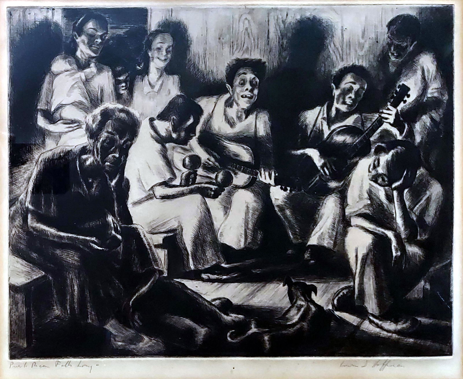 Irwin Hoffman WPA: Puerto Rican Folk Song 1938 Etching Ed.250: Puerto Rican Folk Song, Etching on BFK Rives laid paper. Signed/Titled in pencil by Irwin Hoffman at lower margin, Sole limited edition of 250. Verso titled and annotated on the original AAA label. Di