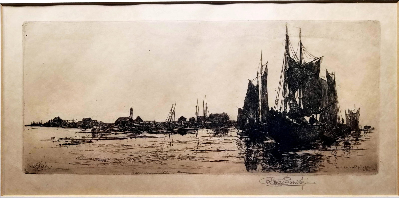Stephen Parrish: Boats St. John River 1882 Etching: Stephen Parrish: Wood Boats. St. John River N.B. 66 Signed and Titled in Pencil, 1882 Etching. Also signed in plate. Plate 4.88 x 10.88. Frame 19 x 13 in. Stephen Parrish's journal states "plate destr