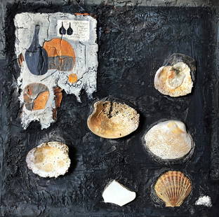 Mihail Chemiakin: Still Life, Shells IX 1986 Oil/MM: Mihail Chemiakin: Still life with Shells IX, 1986 Oil, Mixed Media on Canvas Signed, dated Lower Center. Canvas 18 x 18, Frame 24 x 24 inches . Verso the Franklin Bowles & Serge Sorokko