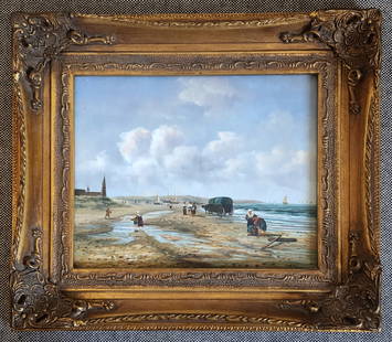 Beach at Scheveningen, Dutch School after A. Van De Velde: After 1658 painting by Adriaen Van De Velde Der Strand von Scheveningen (The Beach at Scheveningen). Oil on Panel app. 20 x 14, wooden frame 30 x 24 inches. Dutch School Painting, late XIX beginning o