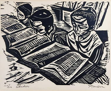 Irving Amen: Cheder 1958 Woodcut Ed. 109/200: Cheder, 1958 Woodcut by Irving Amen Edition: 109/200, Signed/numbered by I. Amen, in pencil at Lower Margin. Sight 15 x 12, Framed under glass 23 x 19 in. Irving Amen (American, 1918 - 2011)