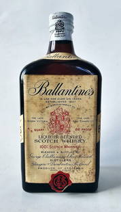 Ballantine's 1952 Liqueur Blended Scotch 4/5 Quart: Ballantine's 1952 Liqueur Blended Scotch 4/5 Quart, 86 Proof Dark glass rectangular bottle, cream label, screw cap with white capsule printed in black. Labels in place Perfect fill with no