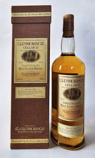 Glenmorangie Cellar 13 Single Malt Scotch 1L Highlands Scotland: Glenmorangie Cellar 13 Single Highland Scotch, 10 years, Scotland Northern Highlands, with Barrel Picture. 1L, 43% Vol. Distilled by Glenmorangie Distillery Coy, Tain, Ross-Shire. Matured for 10 years