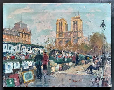 Jean Salabet (Juan Bayón Salado): Paris, c1960 Oil on Canvas: Juan Bayon Salado, known as Jean Salabet (Spanish-French, 1913-1995): Paris (Bookstalls, Notre Dame), c.1960s. Signed with the artists' penname and inscribed at lower left: J. Salabet / Paris. Oil on