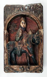 Melchior, the Biblical Magi: Spanish Wood Carving: Painted wood plaque sculpture of Melchior, the Biblical Wise Man (Melchor in Spanish) who. Traditional wooden base with a carved gothic sculpture in the ark, tempera paint on gesso. Dimensions: 16" x