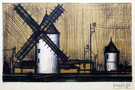 Bernard Buffet: Le Moulin, 1955 Lithograph Ed. 35/220: Bernard Buffet: Le Moulin (The Windmills), 1955. Signed and numbered in pencil at Lower Right/Left. Edition 35/220. Lithograph 22.5 x 15 (57.5x38.2 cm), Framed under glass 26.5 x20 . Bernard Buffet (F