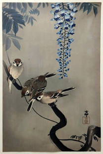 Ohara Koson: Sparrows on Wisteria 1920s Woodblock: White-eye Sparrows on Wisteria, woodblock. Artist: Koson Ohara (Japanese, 1877-1945) Publisher: Nishinomiya Date: 1920s Dimensions: Large Oban, Sight 16x10, Frame 26x19 inches Seal and Signature by Ko