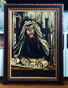 Bernard Buffet, after: Rabbi, Oil on Canvas, 1950s by Valdi: Rabbi, Oil on Canvas painting after of French expressionist Bernard Buffet, 1950s. The J. Richards Gallery label on verso indicates the work is by Valdi. Sight 36"x24", Frame 44"x 32". Fine condition.