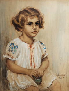 Malva Schalek: Girl in Embroidered Dress 1925 Pastel: Girl in Embroidered Dress. Pastel painting by Malva Schalek (1882 - 1944) Pastel 19x25 inches, under the glass in period frame 22x28 inches. Signed by Malva Schalek and dated at Lower Right Czech-Aust