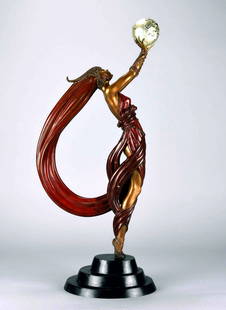 Erte: The Globe, 1984 Signed Ed.207/350 Bronze: Erte: The Globe, Signed Bronze Sculpture, 1984 Edition 207/350, The Art Deco bronze statue of a woman holding a luminous globe. Dimensions H23 x W10 Materials: Bronze, waxed, cold painted. Foundry mar