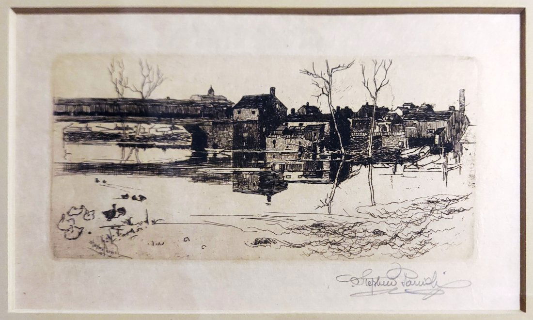 Stephen Parrish: The Bridge at Bethlehem 1883 Etching Signed in Pencil: Stephen Parrish (American 1846-1938): The Bridge at Bethlehem, Etching, 1883. Signed in Pencil. Signed in Plate. Plate 6.5 x 3.75, Frame 15 x 12 inches. Original etching by Steven Parrish after his oi